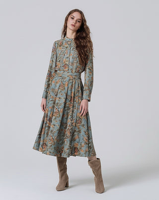 Falda OMSA midi con vuelo multiestampado azul petroleo