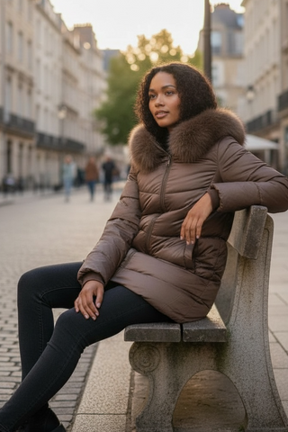 Guateado KAMALA corto con capucha de pelo extraible camel