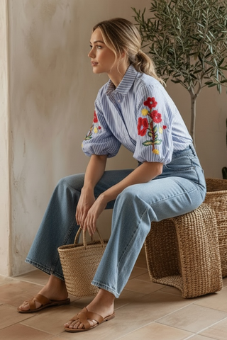Blusa DARIA  de rayas manga abullonada azul