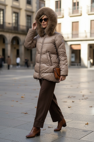 Guateado KAMALA corto con capucha de pelo extraible camel