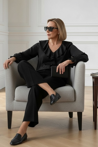 Blusa BRIDGIT de raso cuello con volante negro