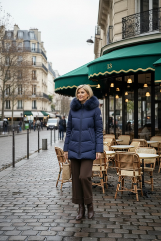 Guateado KAMALA corto con capucha de pelo extraible azul
