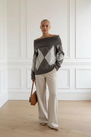 Jersey HOLLY hombro caído rombos beige