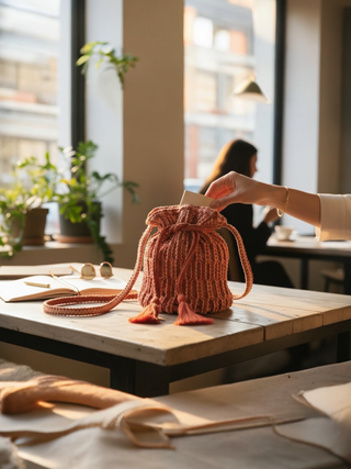 Bolso MACA de algodon con borlas en coral