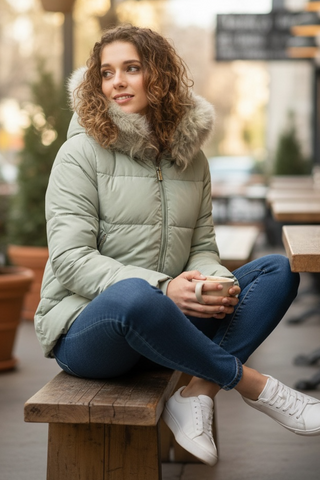 Guateado ROWAN con capucha y pelo de oveja verde agua