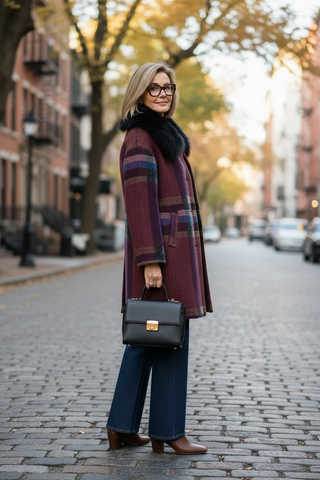 Abrigo SIARDA a cuadros granate con cuello de pelo