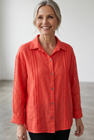 Camisa LARA de lino con jaretas coral