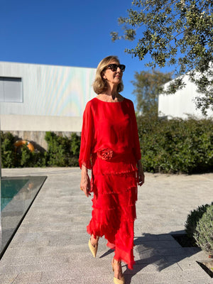 Conjunto KARLA blusa y falda seda rojo