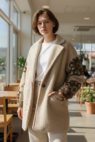 Abrigo CHIA abrigosos flores bordadas botones beige