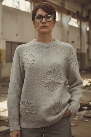 Jersey CRISA flor bordada beige