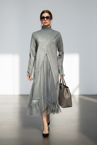 Vestido YANG de tul con jersey abierto gris