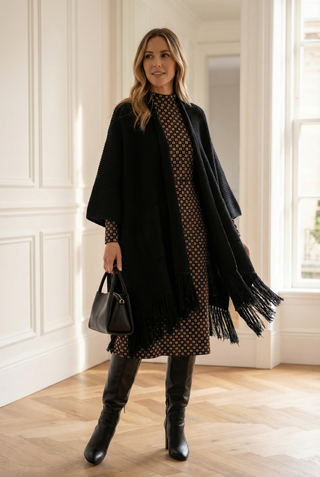 Poncho POFE abierto de tricot con flecos negro