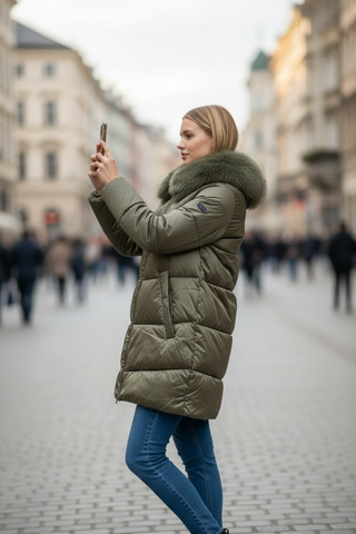 Guateado KAMALA corto con capucha de pelo extraible kaki
