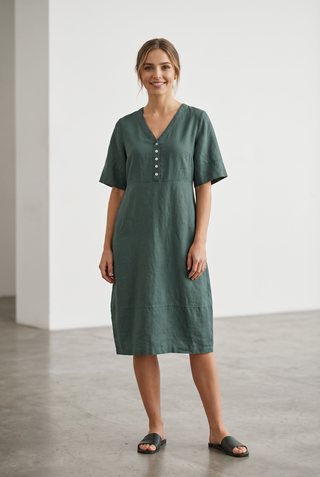 Vestido NEUS cuello pico midi verde botella