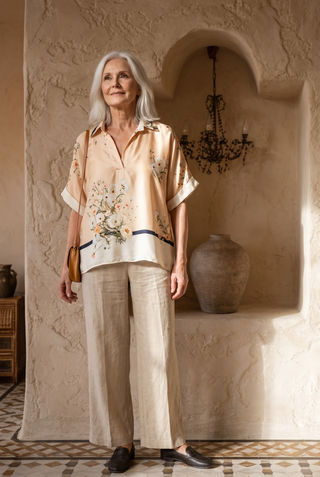 Blusa FILOS cuello camisero estampada camel