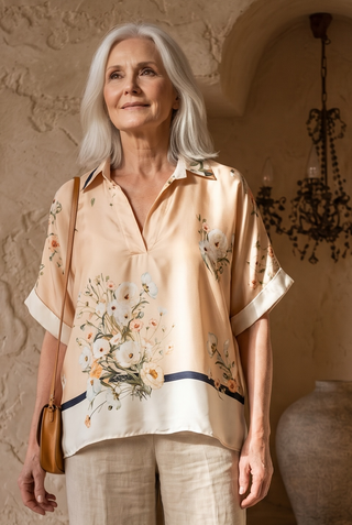 Blusa FILOS cuello camisero estampada camel