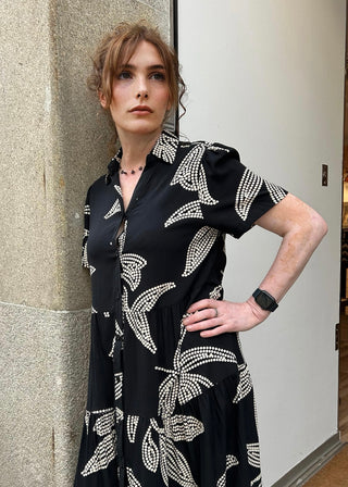 Vestido PEKIN negro con ramas en crudo
