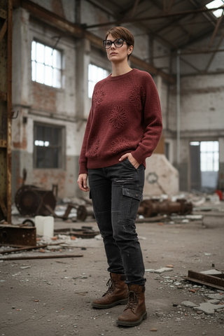 Jersey CRISA flor bordada burdeos