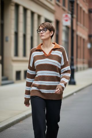Jersey WINOLA de rayas con cuello camisero marrón