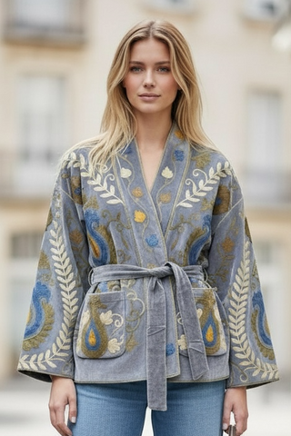 Chaqueta DAVINIA  de terciopelo bordada azul