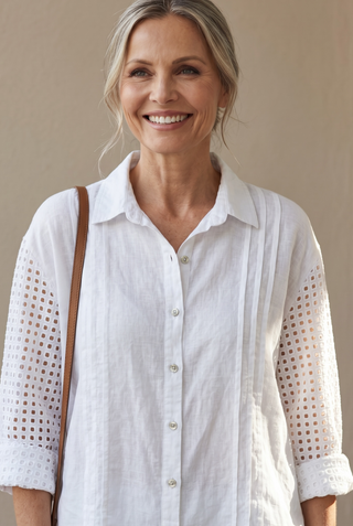 Camisa LARA de lino con jaretas blanco