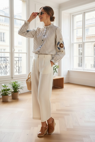 Camisa BURANO rayitas bordada azul