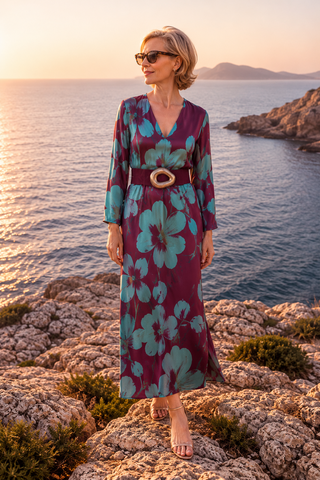 Vestido TIRSA manga 3/4 flores morado