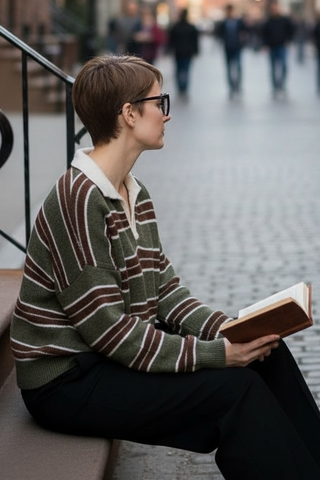 Jersey WINOLA de rayas con cuello camisero kaki