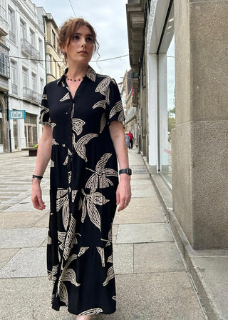 Vestido PEKIN negro con ramas en crudo