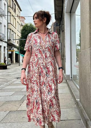 Vestido PERLATI blanco con ramas rojas