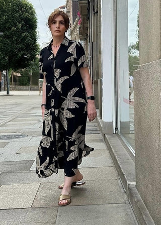 Vestido PEKIN negro con ramas en crudo