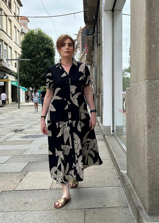 Vestido PEKIN negro con ramas en crudo
