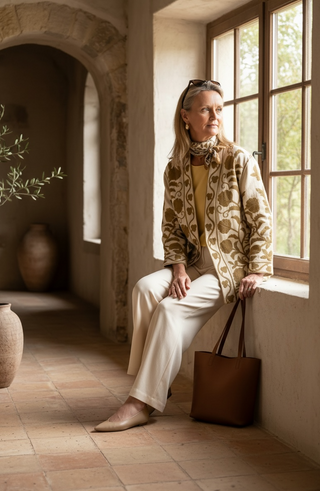 Kimono AISHA de lino rustico bordado en camel