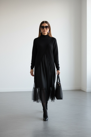 Vestido YANG de tul con jersey abierto negro