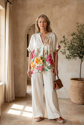 Blusa MARTIA manga caida estampado floral blanca