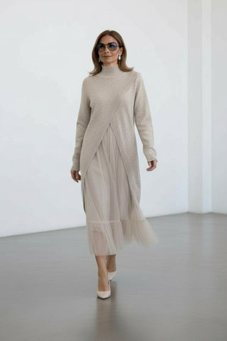 Vestido YANG de tul con jersey abierto beige