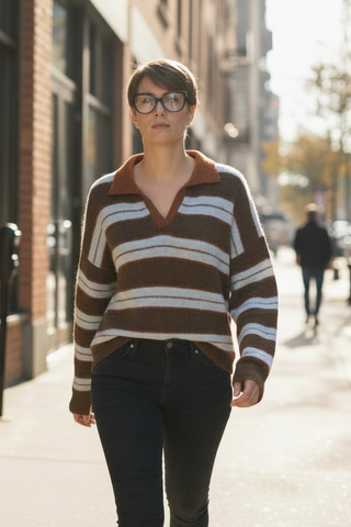 Jersey WINOLA de rayas con cuello camisero marrón