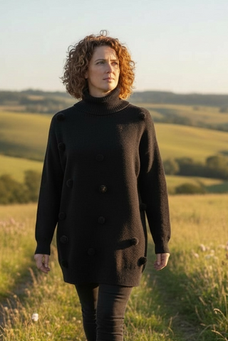 Jersey PEGGI cuello vuelto con topos y bolsillos negro