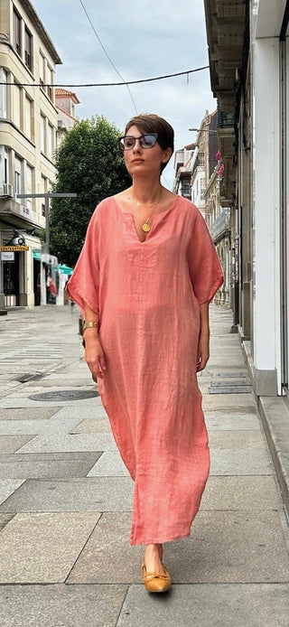 Vestido LORA 100% LINO amplio liso coral