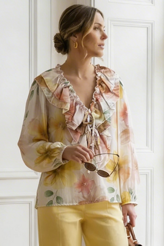 Camisa AMUR floral con volantes amarilla