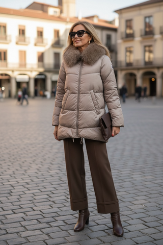 Guateado KAMALA corto con capucha de pelo extraible camel