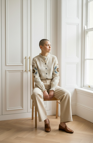 Camisa BURANO rayitas bordada camel