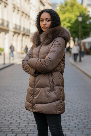 Guateado KAMALA corto con capucha de pelo extraible camel