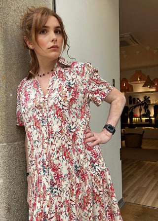 Vestido PERLATI blanco con ramas rojas