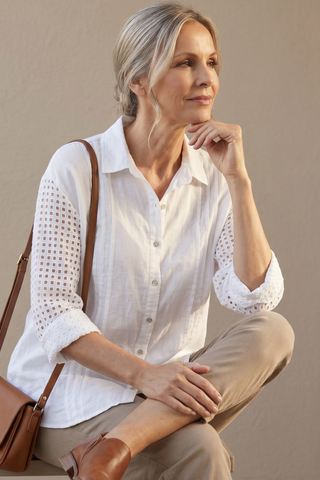 Camisa LARA de lino con jaretas blanco