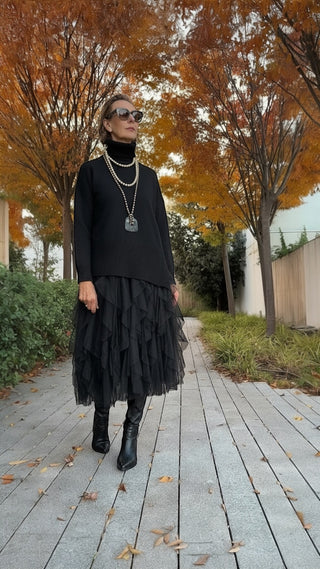 Vestido AMINA de tul y jersey de punto negro