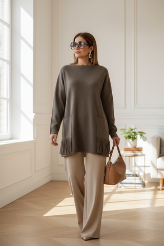 Jersey SERENA bolsillos con flecos topo