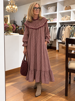 Vestido ANGEL cuadros vichy manga larga granate