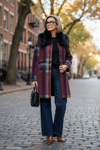 Abrigo SIARDA a cuadros granate con cuello de pelo