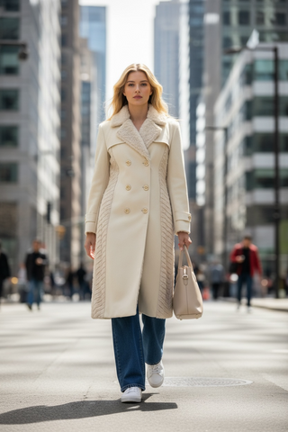 Abrigo MATTEA largo de paño y pelo beige